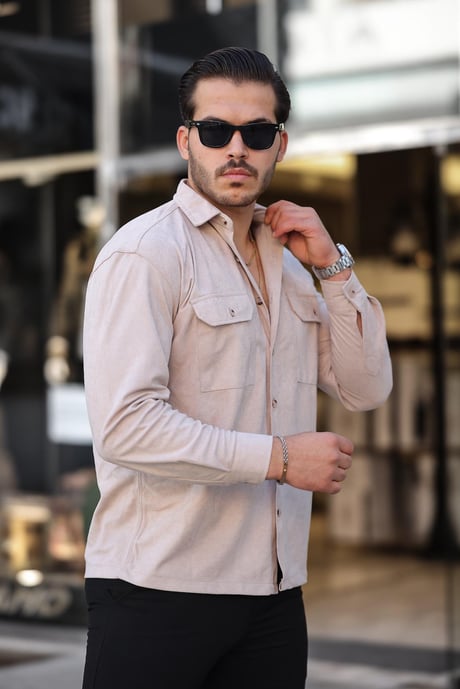 Çift Cepli Oversize İnce Fitilli Erkek Kadife Gömlek - Bej