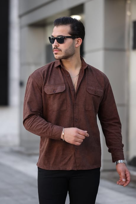 Çift Cepli Oversize İnce Fitilli Erkek Kadife Gömlek - Kahve