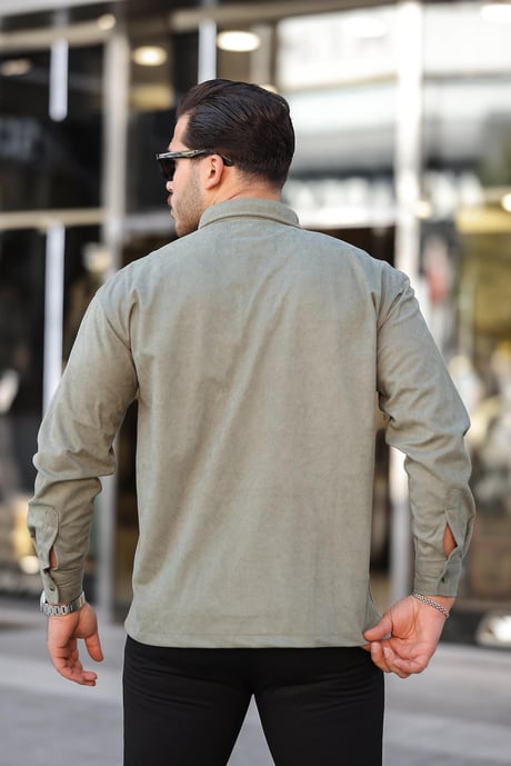 Çift Cepli Oversize İnce Fitilli Erkek Kadife Gömlek - Açık Haki
