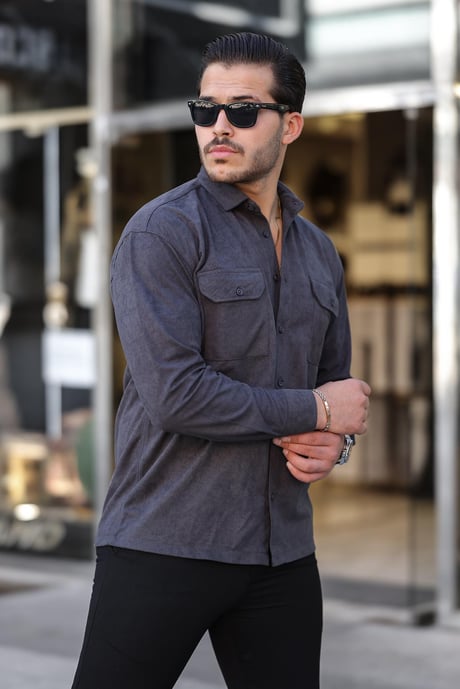 Çift Cepli Oversize İnce Fitilli Erkek Kadife Gömlek - Füme
