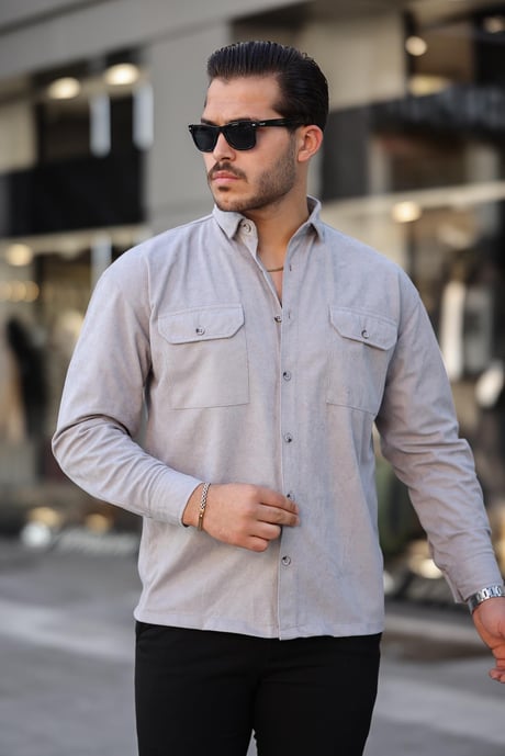 Çift Cepli Oversize İnce Fitilli Erkek Kadife Gömlek - Taş