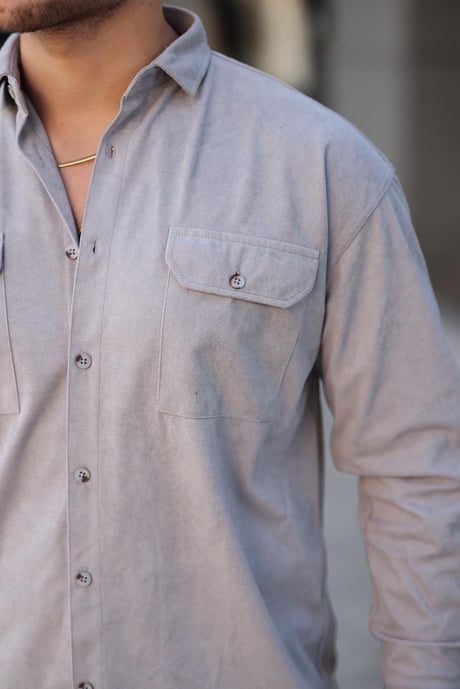 Çift Cepli Oversize İnce Fitilli Erkek Kadife Gömlek - Taş