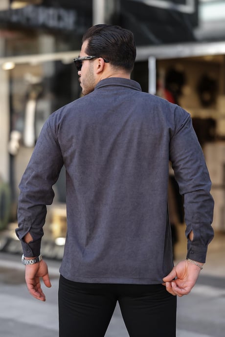 Çift Cepli Oversize İnce Fitilli Erkek Kadife Gömlek - Füme
