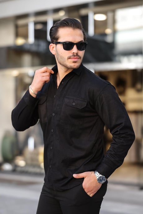 Çift Cepli Oversize İnce Fitilli Erkek Kadife Gömlek - Siyah