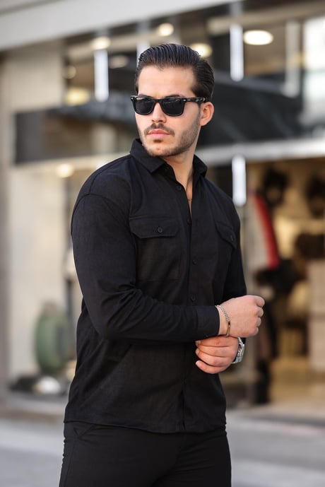 Çift Cepli Oversize İnce Fitilli Erkek Kadife Gömlek - Siyah