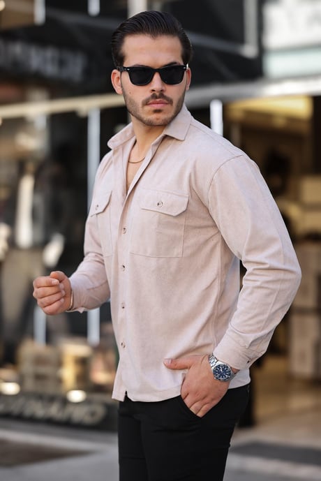Çift Cepli Oversize İnce Fitilli Erkek Kadife Gömlek - Bej