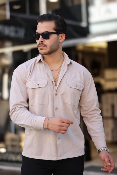 Çift Cepli Oversize İnce Fitilli Erkek Kadife Gömlek - Bej
