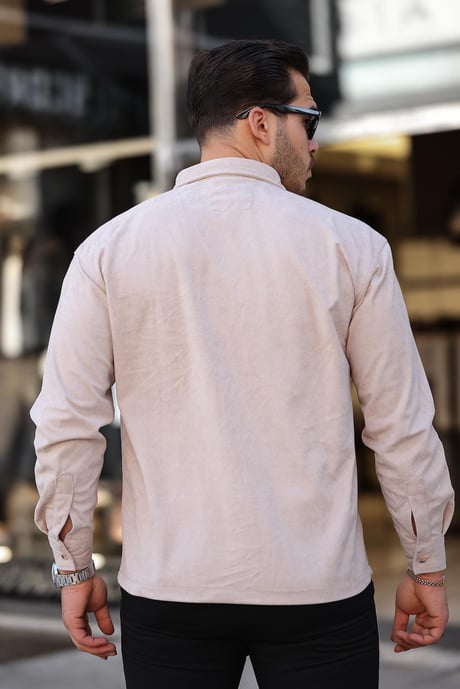 Çift Cepli Oversize İnce Fitilli Erkek Kadife Gömlek - Bej