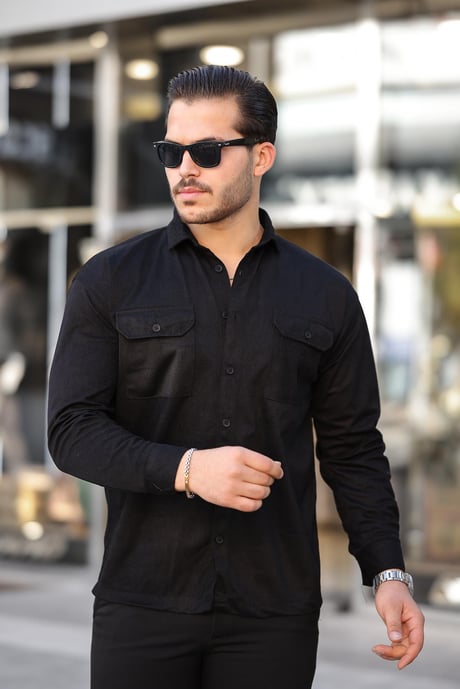 Çift Cepli Oversize İnce Fitilli Erkek Kadife Gömlek - Siyah