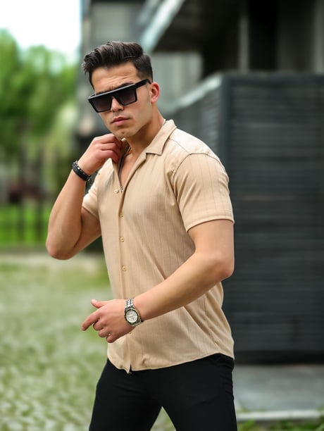 Çizgi Desenli Kısa Kol Gömlek - Bej