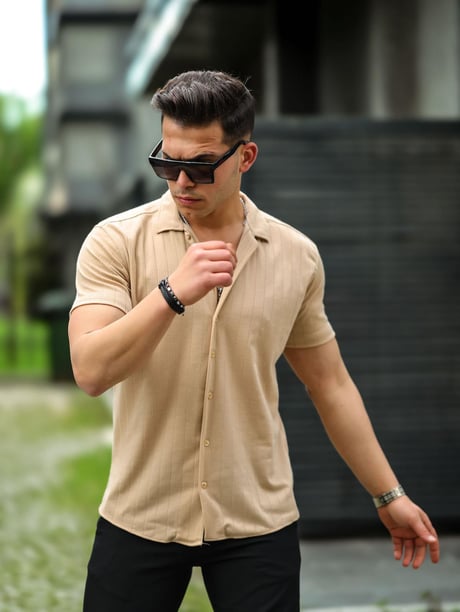 Çizgi Desenli Kısa Kol Gömlek - Bej