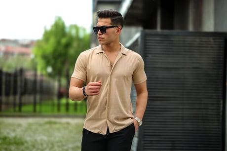 Çizgi Desenli Kısa Kol Gömlek - Bej