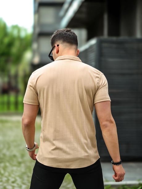 Çizgi Desenli Kısa Kol Gömlek - Bej