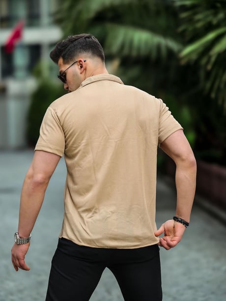 Çizgi Şeritli Kısa Kol Gömlek - Bej