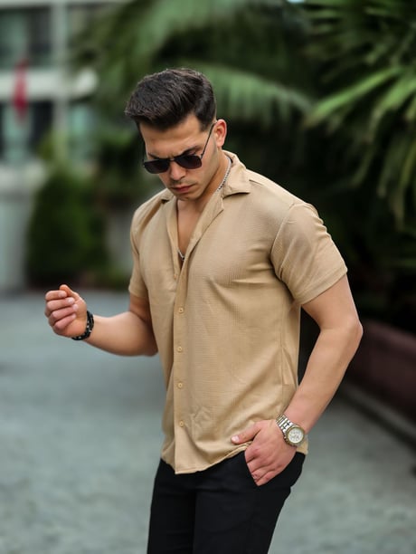 Çizgi Şeritli Kısa Kol Gömlek - Bej