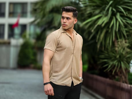 Çizgi Şeritli Kısa Kol Gömlek - Bej