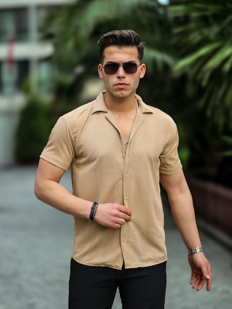 Çizgi Şeritli Kısa Kol Gömlek - Bej