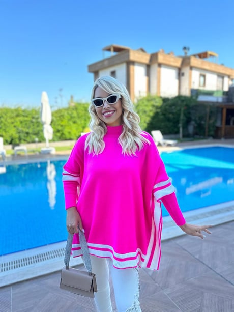 Çizgi Şeritli Panço - Fuşya