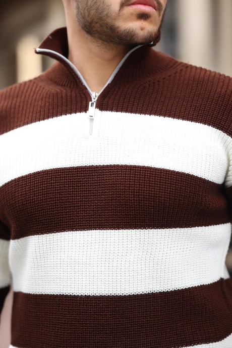 Çizgili Selanik Örgülü Yarım Fermuar Triko Erkek Kazak - Kahve