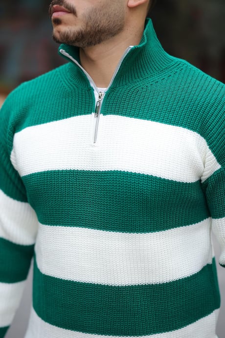Çizgili Selanik Örgülü Yarım Fermuar Triko Erkek Kazak - Yeşil