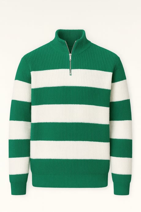 Pedro Oversize Çizgili Selanik Örgülü Yarım Fermuar Triko Erkek Kazak - Yeşil