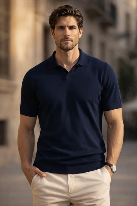 Dawson Polo V Yaka Düğmesiz Kısa Kollu Tok Kumaş Triko Erkek T-Shirt - Lacivert