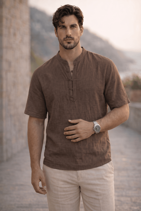 Wes Oversize Yarım Pat Bambu Kısa kol Gömlek - Kahve