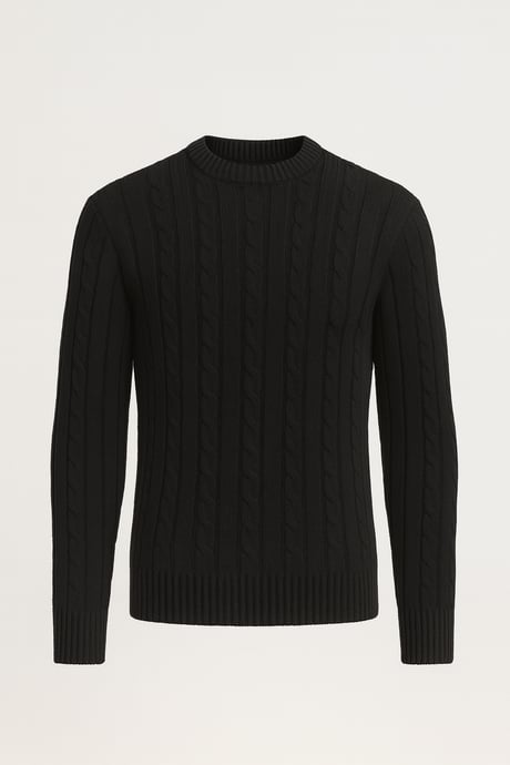 Saç Örgülü Bisiklet Yaka Erkek Triko Kazak - Siyah