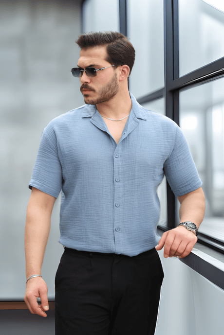 Yarım Oversize Apaş Yaka Kısa Kol Müslin Kumaş Erkek Gömlek - Soğuk Mavi