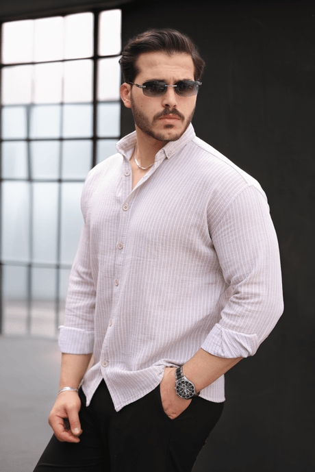 Çizgili Müslin Kumaş Yakalı Erkek Gömlek - Bej