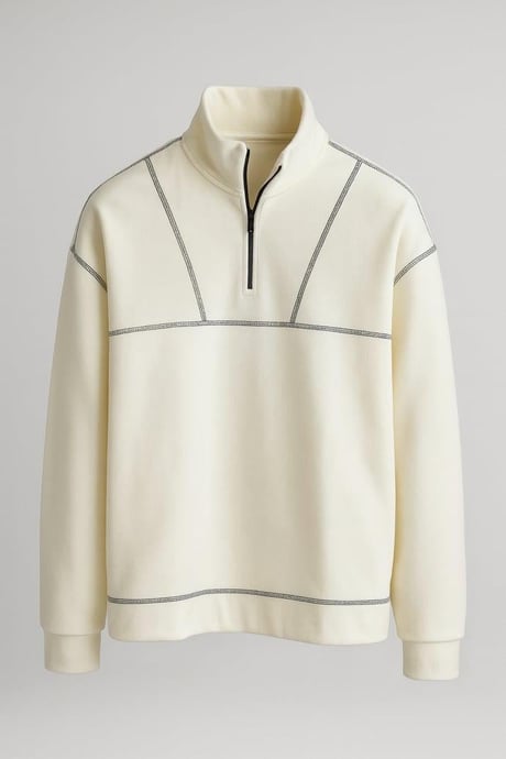 Crowe Çizgi Şeritli Oversize Yarım Fermuar Polar Erkek Sweatshirt - Ekru