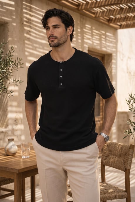 Roth Relaxed Fit Günlük Henley Yaka Waffle Kumaş Yazlık Kısa Kollu T-Shirt - Siyah 