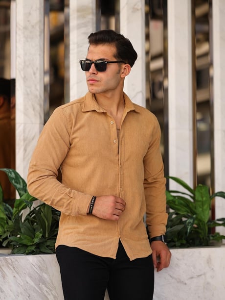 Desenli Düz Kadife Gömlek - Bej