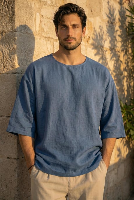 Castiel Bisiklet Yaka Fakir Kol Oversize Kısa Kol T-shirt - Mavi