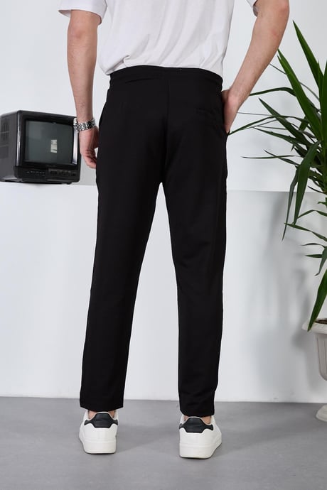 Diagonal Dokulu  Beli Lastikli Likralı Pantolon - Siyah