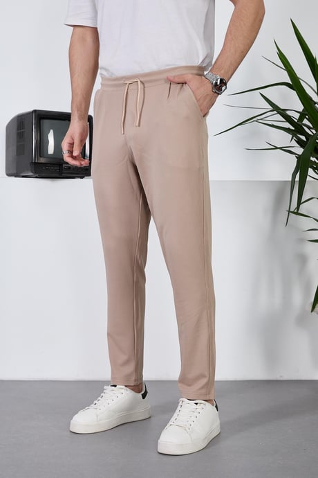 Diagonal Dokulu  Beli Lastikli Likralı Pantolon - Bej