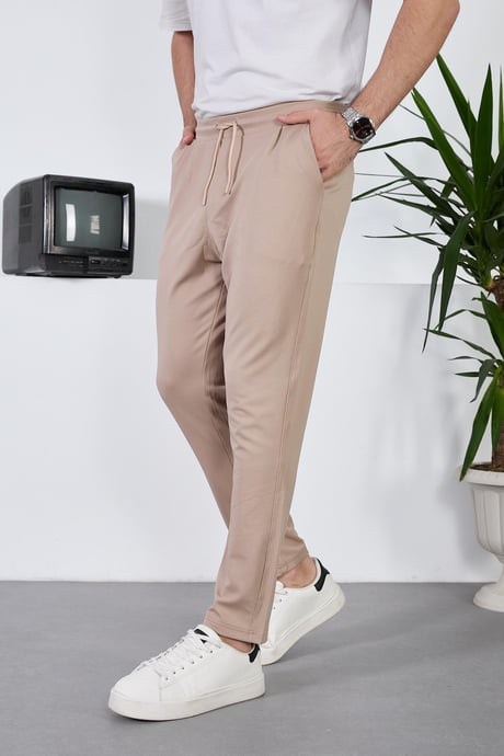 Diagonal Dokulu  Beli Lastikli Likralı Pantolon - Bej
