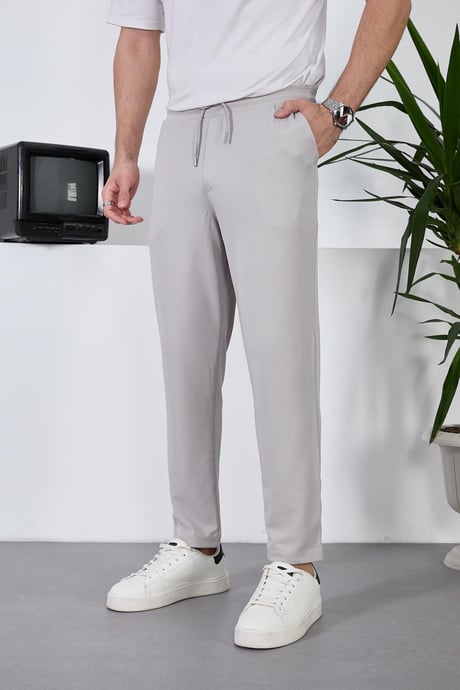 Diagonal Dokulu  Beli Lastikli Likralı Pantolon - Gri