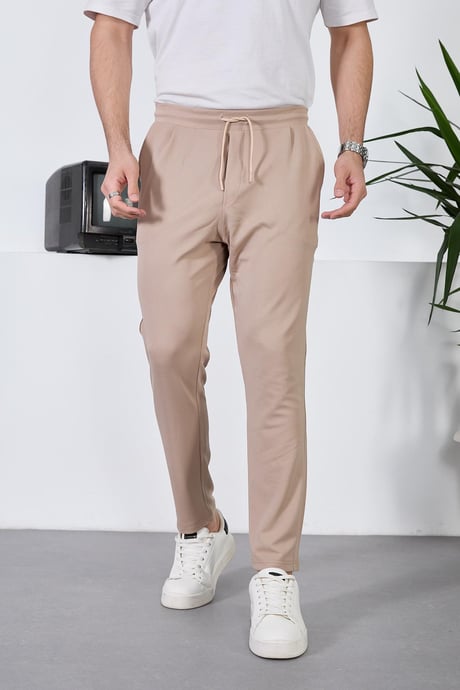 Diagonal Dokulu  Beli Lastikli Likralı Pantolon - Bej