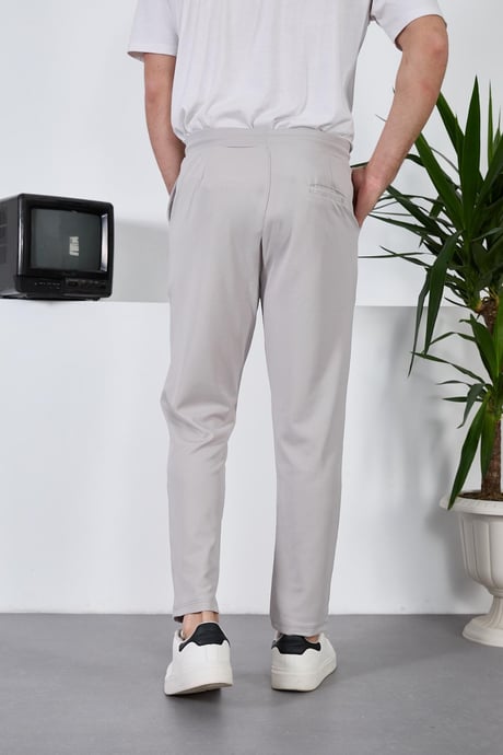 Diagonal Dokulu  Beli Lastikli Likralı Pantolon - Gri