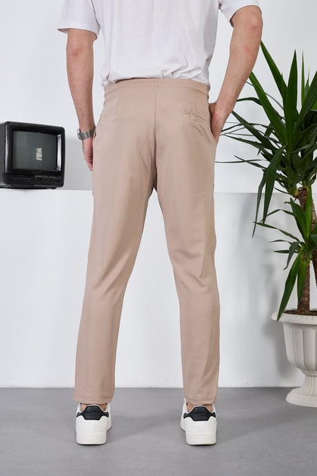 Diagonal Dokulu  Beli Lastikli Likralı Pantolon - Bej