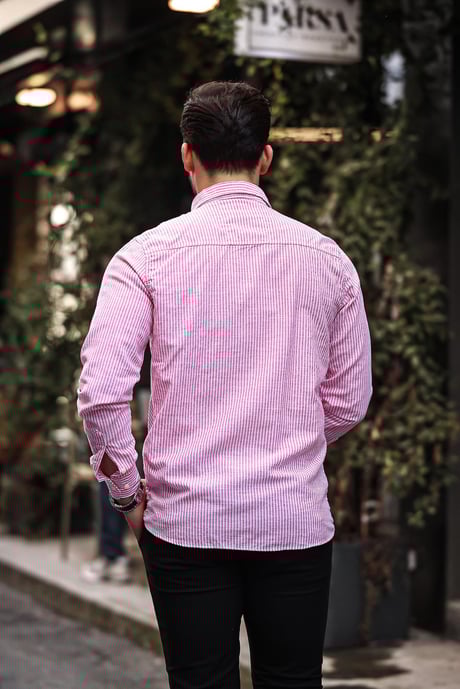 Dik Şerit Çizgili Flam Keten Gömlek - Bordo