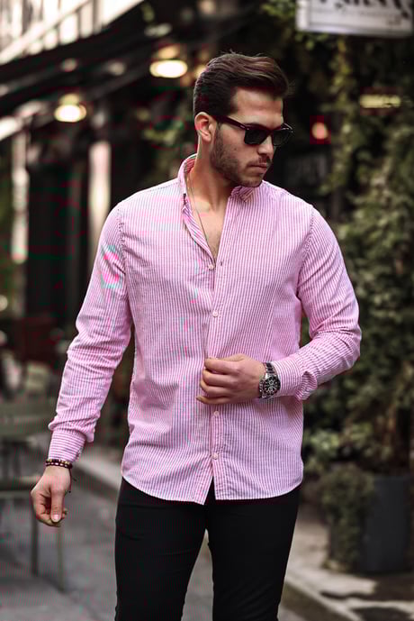 Dik Şerit Çizgili Flam Keten Gömlek - Bordo