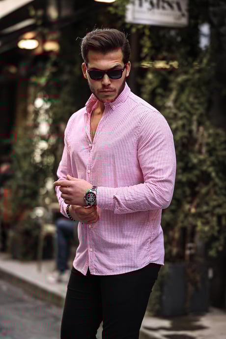 Dik Şerit Çizgili Flam Keten Gömlek - Bordo