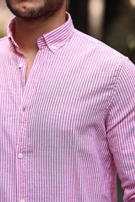 Dik Şerit Çizgili Flam Keten Gömlek - Bordo