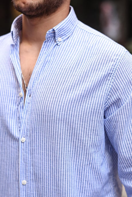 Dik Şerit Çizgili Flamlı Pamuk Gömlek - Mavi