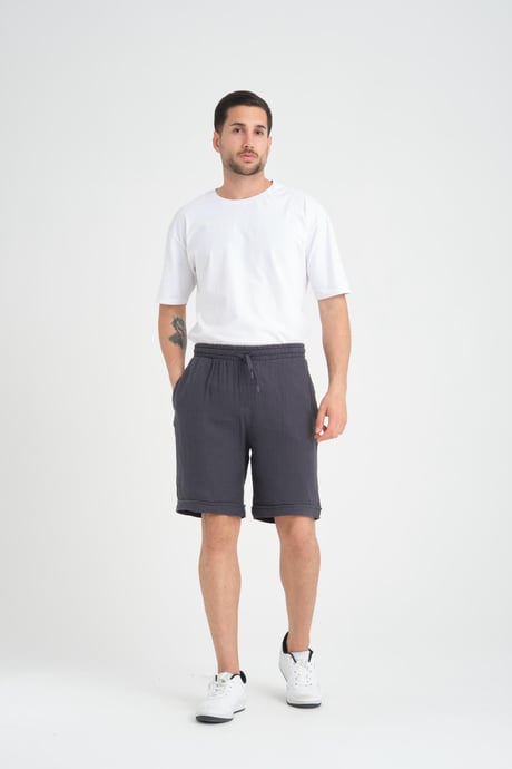 Duble Paça Müslin Kumaş Şort - Füme