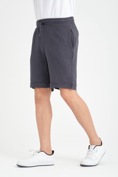 Duble Paça Müslin Kumaş Şort - Füme