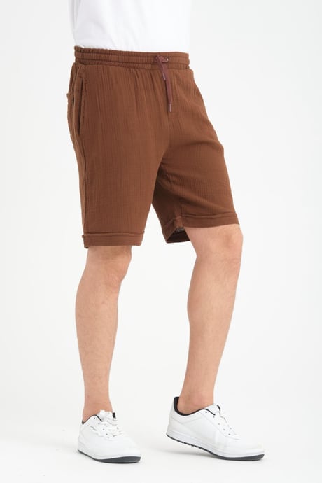 Duble Paça Müslin Kumaş Şort - Kahve