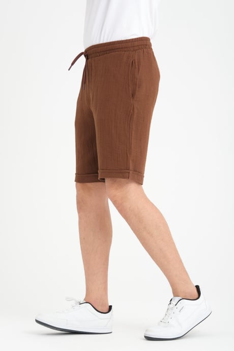 Duble Paça Müslin Kumaş Şort - Kahve